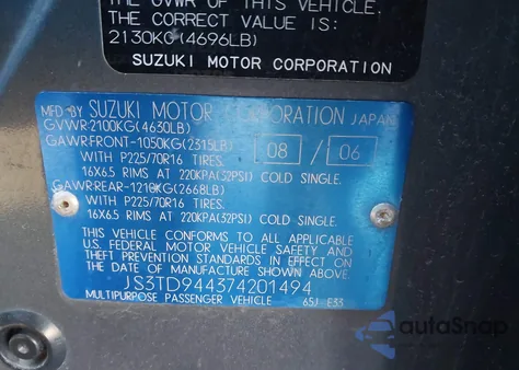 2007 Suzuki Grand Vitara Xsport из США, поврежденный, VIN JS3TD944374201494